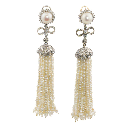 Pearl and Diamond Bow Tassel Earrings