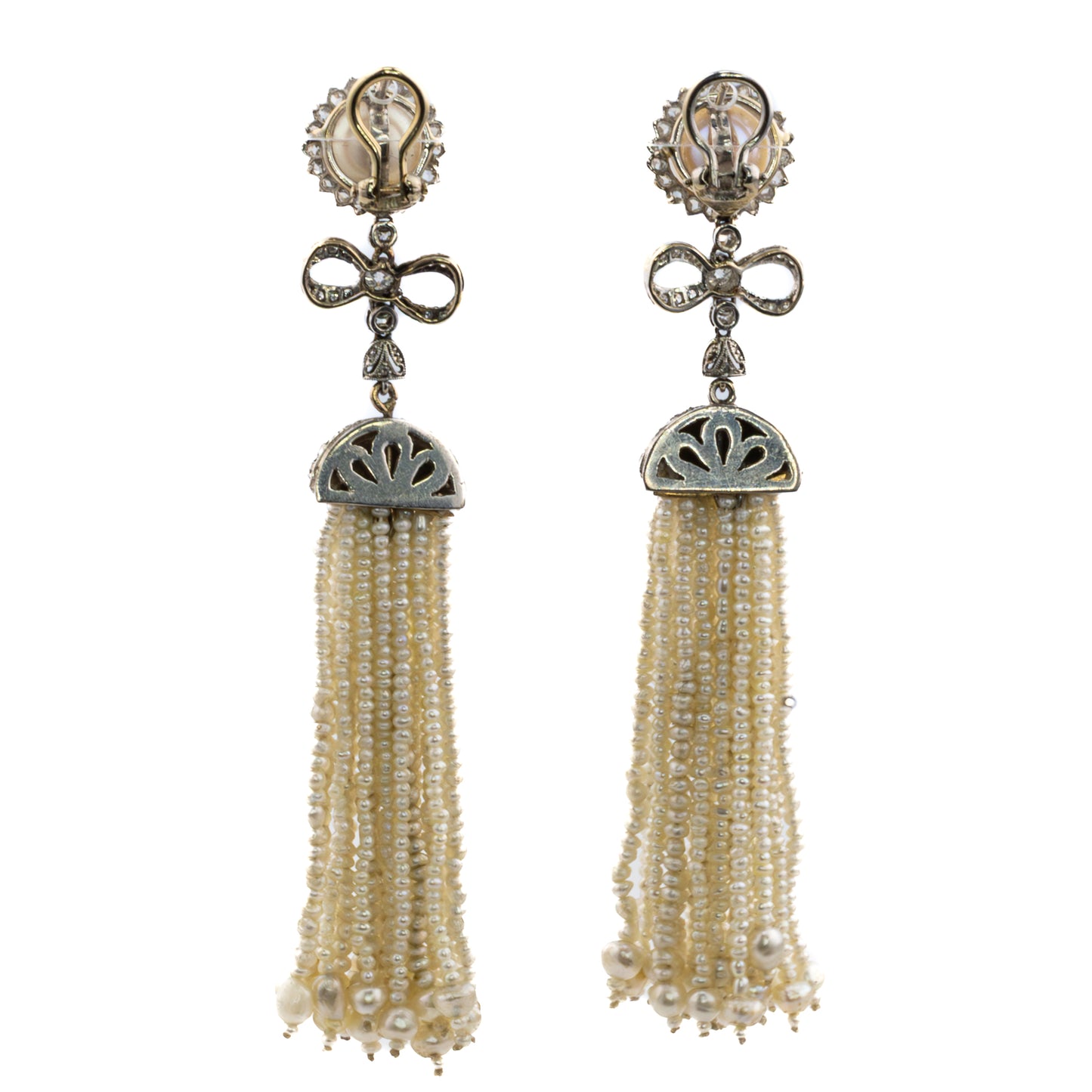 Pearl and Diamond Bow Tassel Earrings