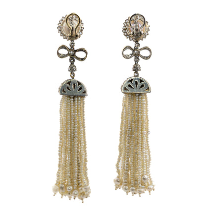 Pearl and Diamond Bow Tassel Earrings