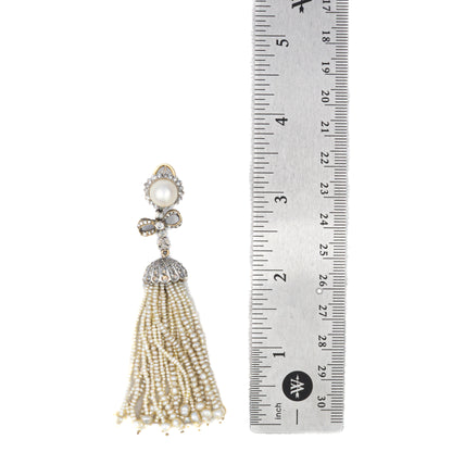 Pearl and Diamond Bow Tassel Earrings