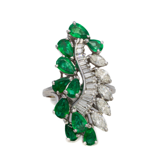 Platinum Emerald and Marquise & Baguette Cut Diamond Cocktail Ring