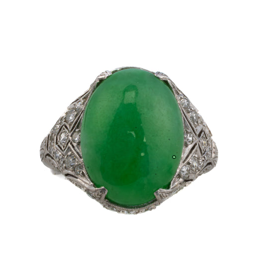 Art Deco Platinum Diamond and Jade Cabochon Ring