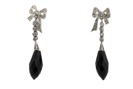 Diamond and Onyx Bow Drop Earrings
