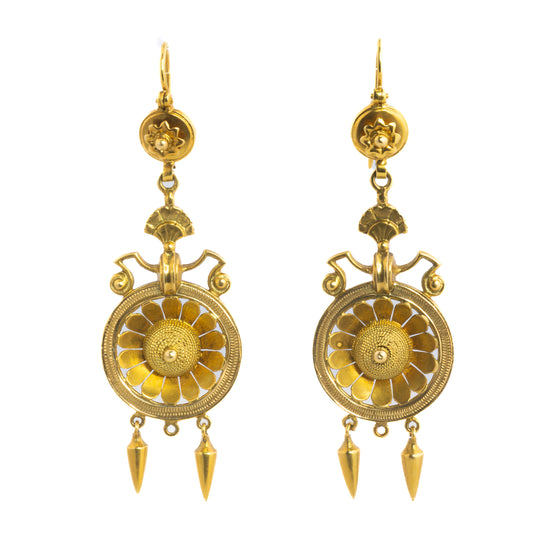 Antique 18 Karat Gold Etruscan Revival Drop Earrings