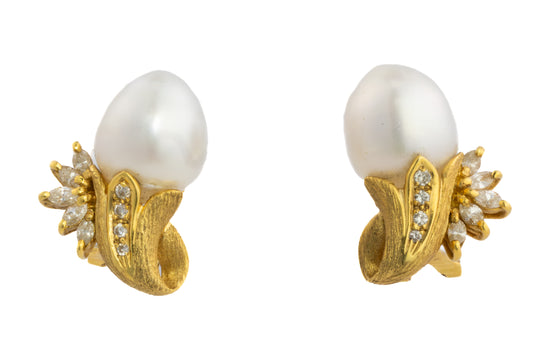 Brilliant Cut & Diamond and Baroque Pearl Earrings