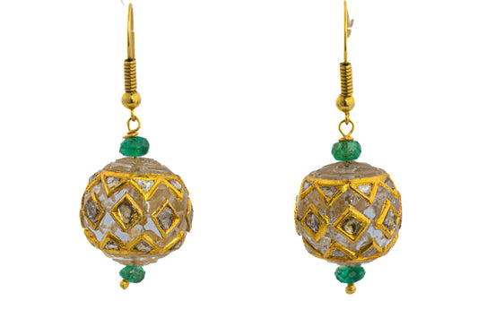 Indian Carved Rock Crystal and Emerald Bead Earrings