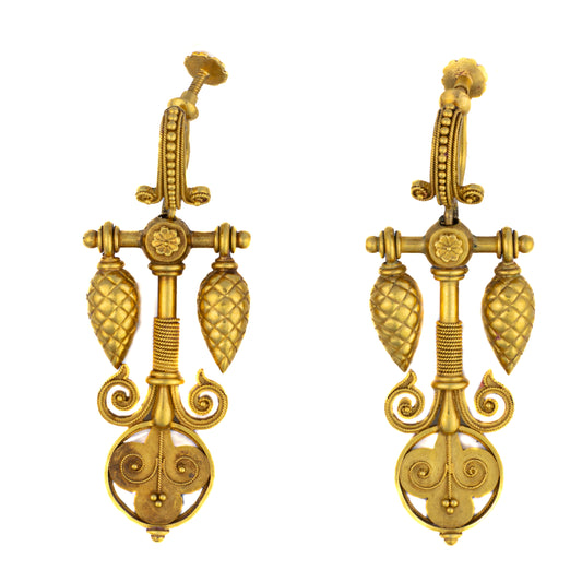 Antique Gold Etruscan Revival Drop Earrings