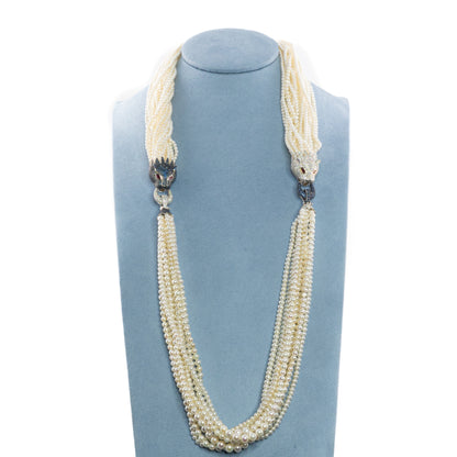 Multi-Strand Pearl Necklace with Diamond, Sapphire, and Ruby Panther Clasps