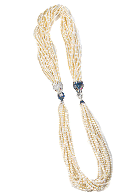 Multi-Strand Pearl Necklace with Diamond, Sapphire, and Ruby Panther Clasps