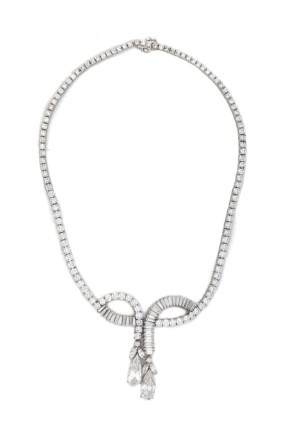 Platinum Diamond Necklace with Tapered Baguette and Pear-Shaped Drops