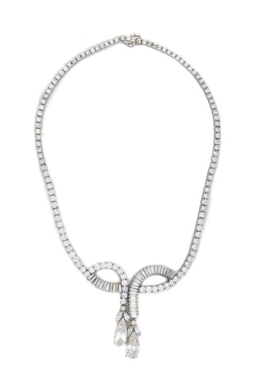 Platinum Diamond Necklace with Tapered Baguette and Pear-Shaped Drops