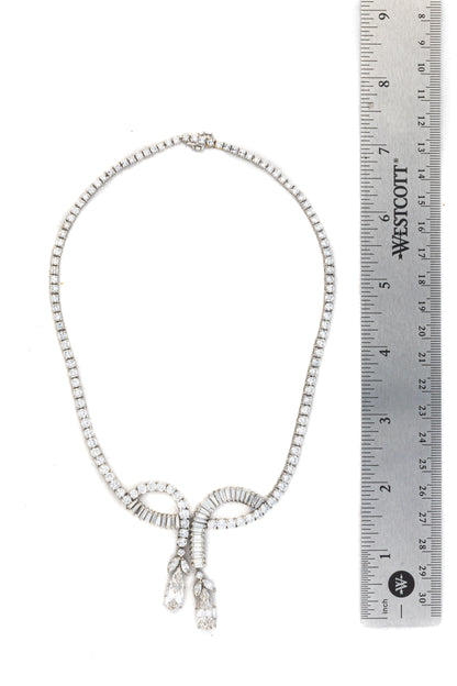 Platinum Diamond Necklace with Tapered Baguette and Pear-Shaped Drops