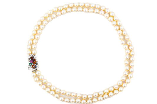 Double-Strand Pearl Necklace with Gemstone and Diamond Floral Clasp