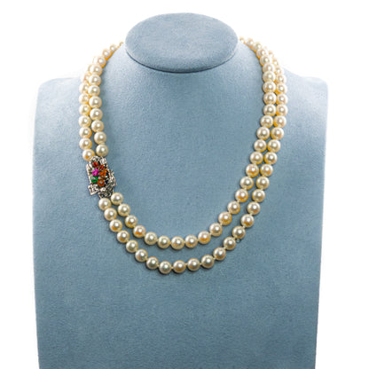 Double-Strand Pearl Necklace with Gemstone and Diamond Floral Clasp