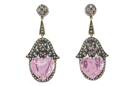 Antique-Style Heart-Shaped Kunzite and Diamond Earrings