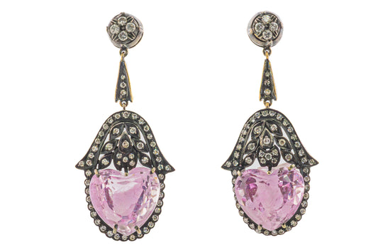 Antique-Style Heart-Shaped Kunzite and Diamond Earrings