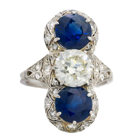 Art Deco Old Mine Diamond & Sapphire Three Stone Ring