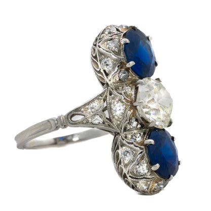 Art Deco Old Mine Diamond & Sapphire Three Stone Ring