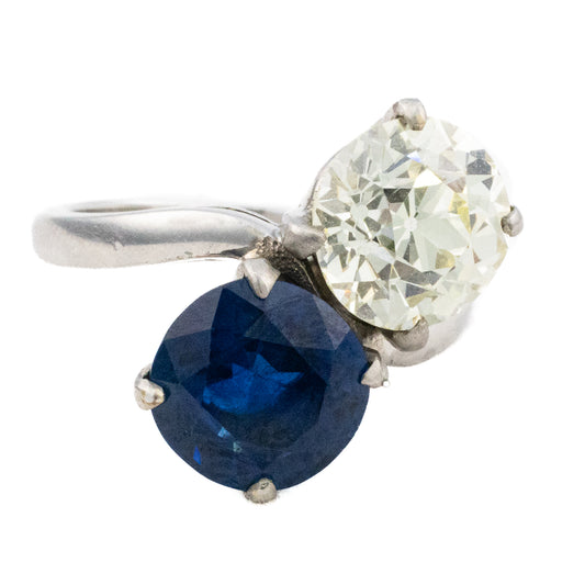 Platinum Toi et Moi Old European Cut and Sapphire Ring