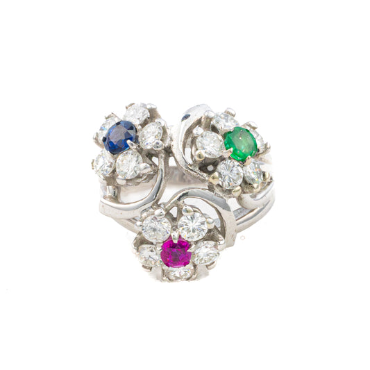Ruby, Sapphire, Emerald, and Diamond Triple Cluster Ring