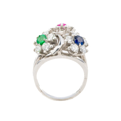 Ruby, Sapphire, Emerald, and Diamond Triple Cluster Ring