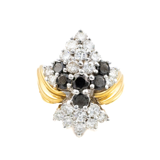 Two Tone Gold White and Black Diamond Cluster Ring
