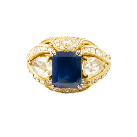 Multi Cut Diamond and Emerald Cut Sapphire Dome Ring