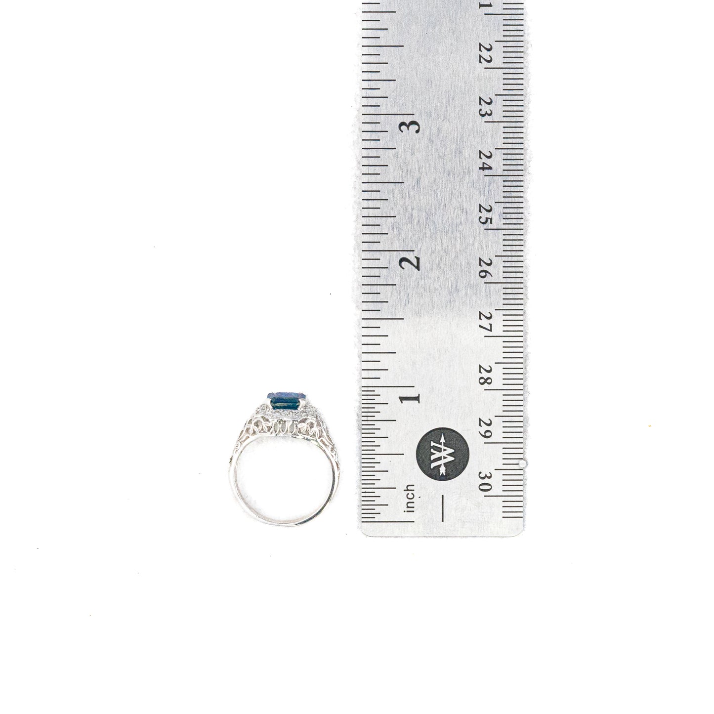 Emerald Cut Sapphire and Diamond Halo Filigree Ring