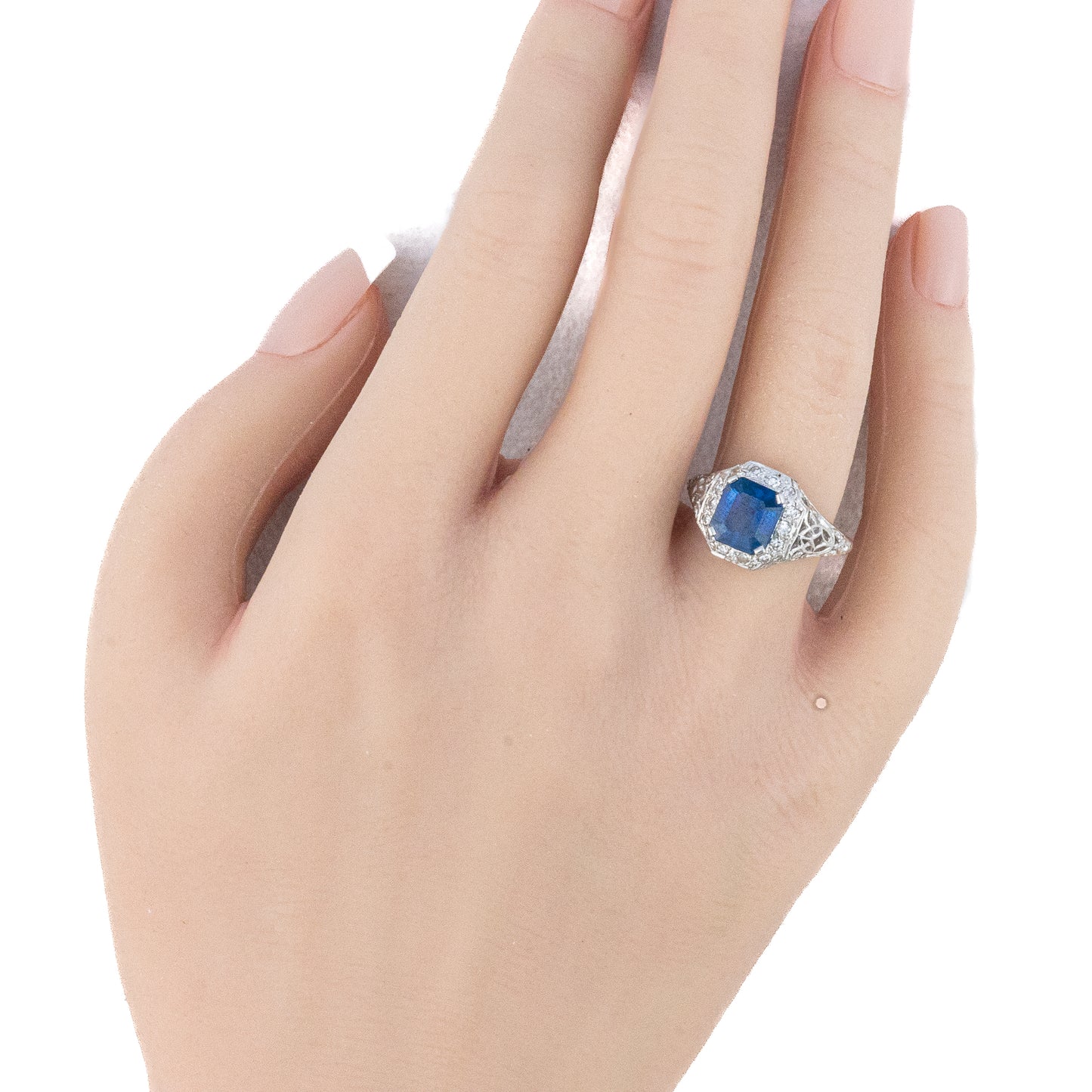 Emerald Cut Sapphire and Diamond Halo Filigree Ring