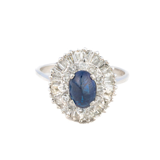 Round & Baguette Cut Double Halo Sapphire and Diamond Ring
