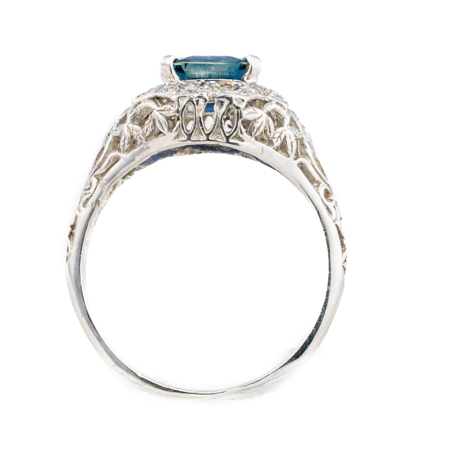 Emerald Cut Sapphire and Diamond Halo Filigree Ring