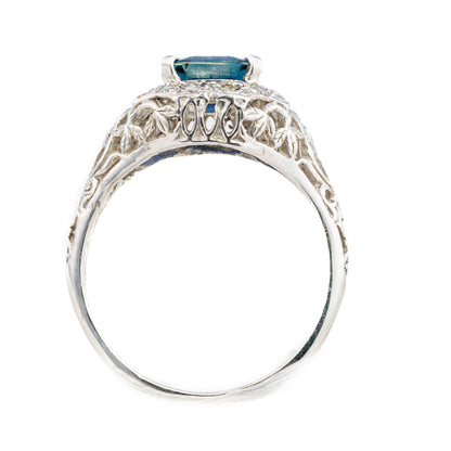Emerald Cut Sapphire and Diamond Halo Filigree Ring
