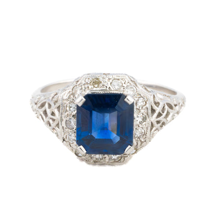 Emerald Cut Sapphire and Diamond Halo Filigree Ring