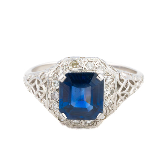 Emerald Cut Sapphire and Diamond Halo Filigree Ring