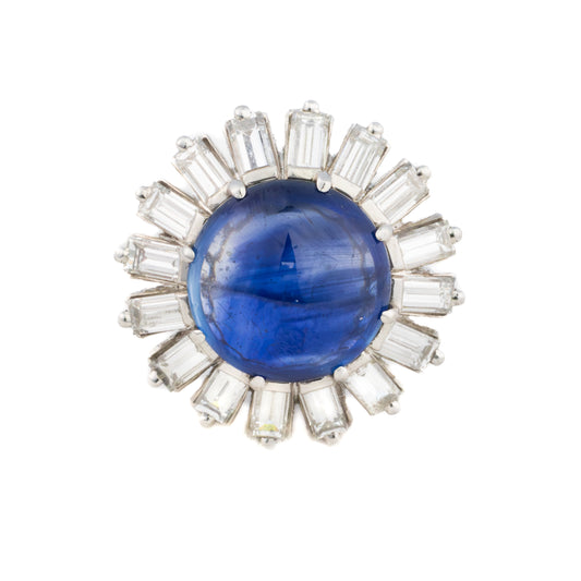 Cabochon Sapphire and Diamond Baguette Halo Ring