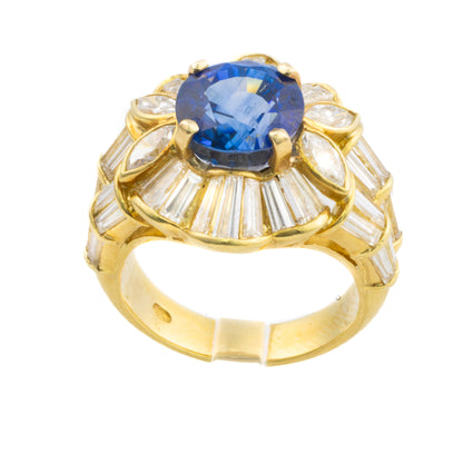 Ceylon Sapphire and Baguette & Marquise Cut Diamond Ring