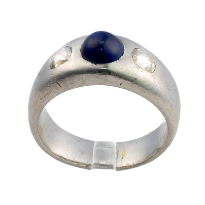 Platinum Cabochon Sapphire and Diamond Three Stone Gypsy Ring