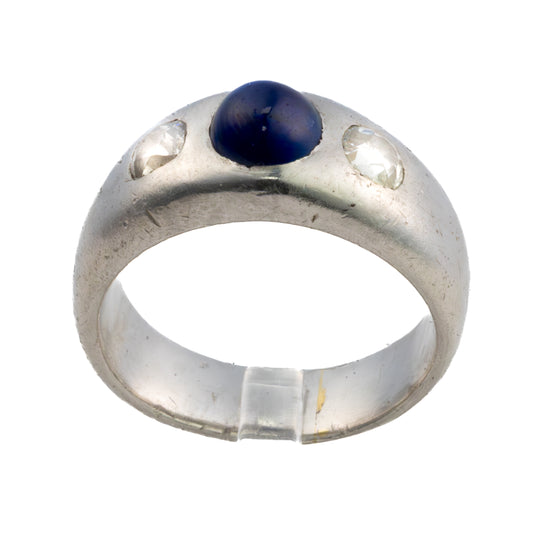Platinum Cabochon Sapphire and Diamond Three Stone Gypsy Ring