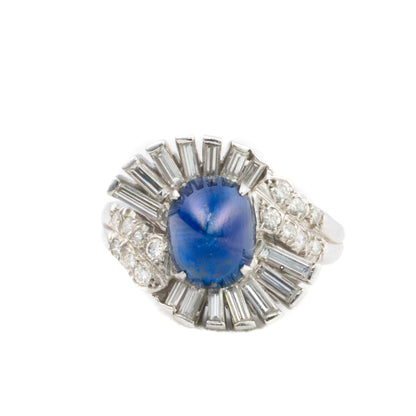 Platinum Cabochon Sapphire and Diamond Wave Ring