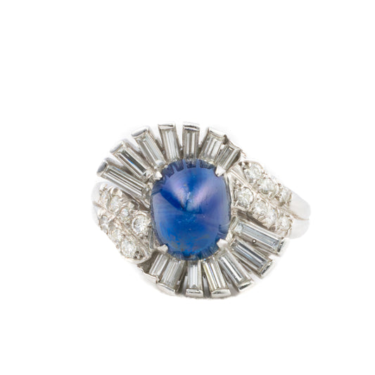 Platinum Cabochon Sapphire and Diamond Wave Ring