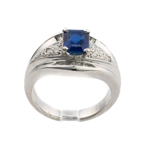 Platinum Emerald Cut Sapphire and Diamond Dome Ring
