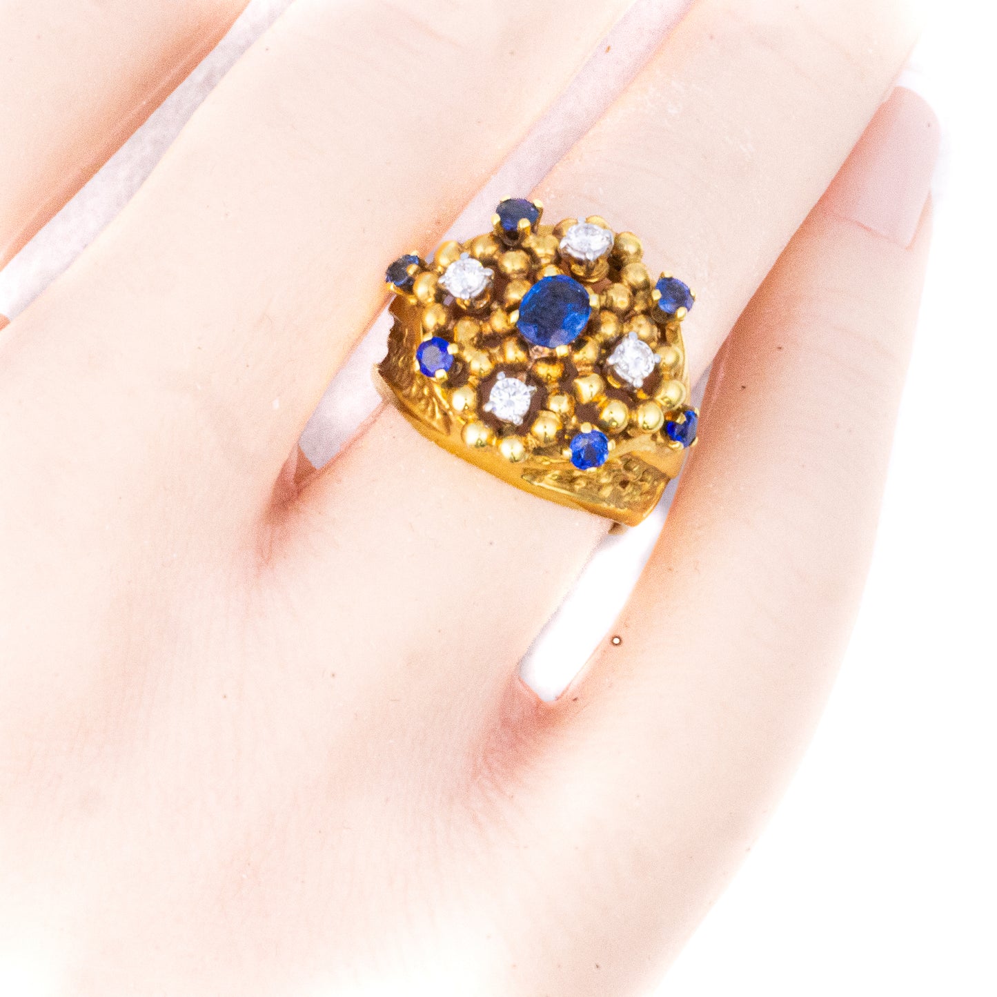 Blue Sapphire and Diamond Floral Cluster Ring