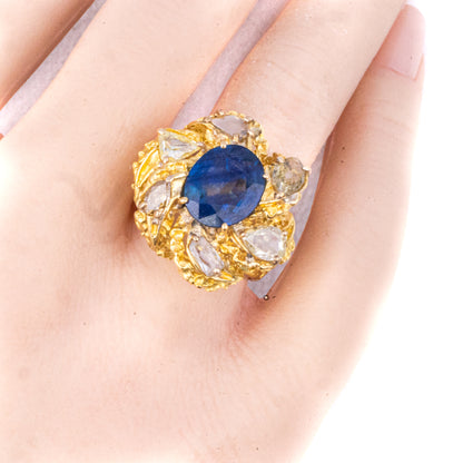Rose Cut Diamond and Oval Cut Sapphire Flower Ring