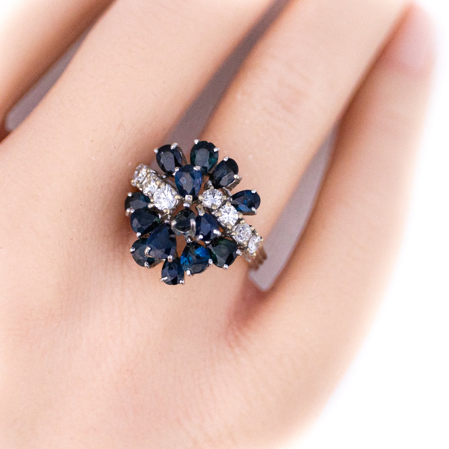 White Gold Sapphire and Diamond Cocktail Cluster Ring