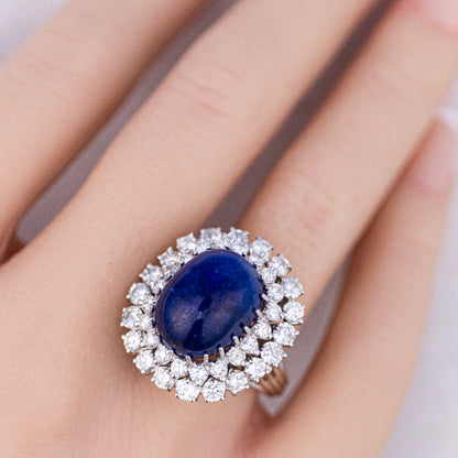 Cabochon Oval Cut Sapphire Double Halo Diamond Cocktail Ring