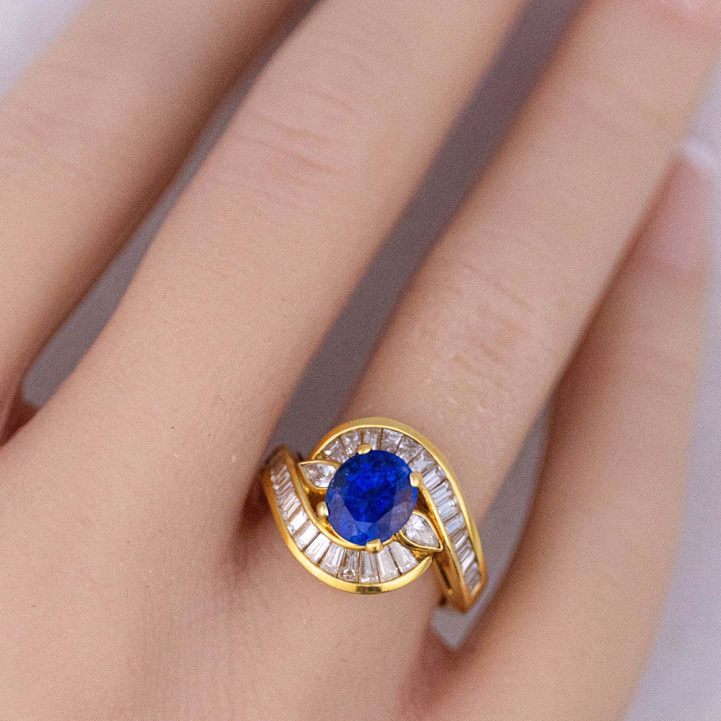 Oval Cut Sapphire Baguette Diamond Halo Ring