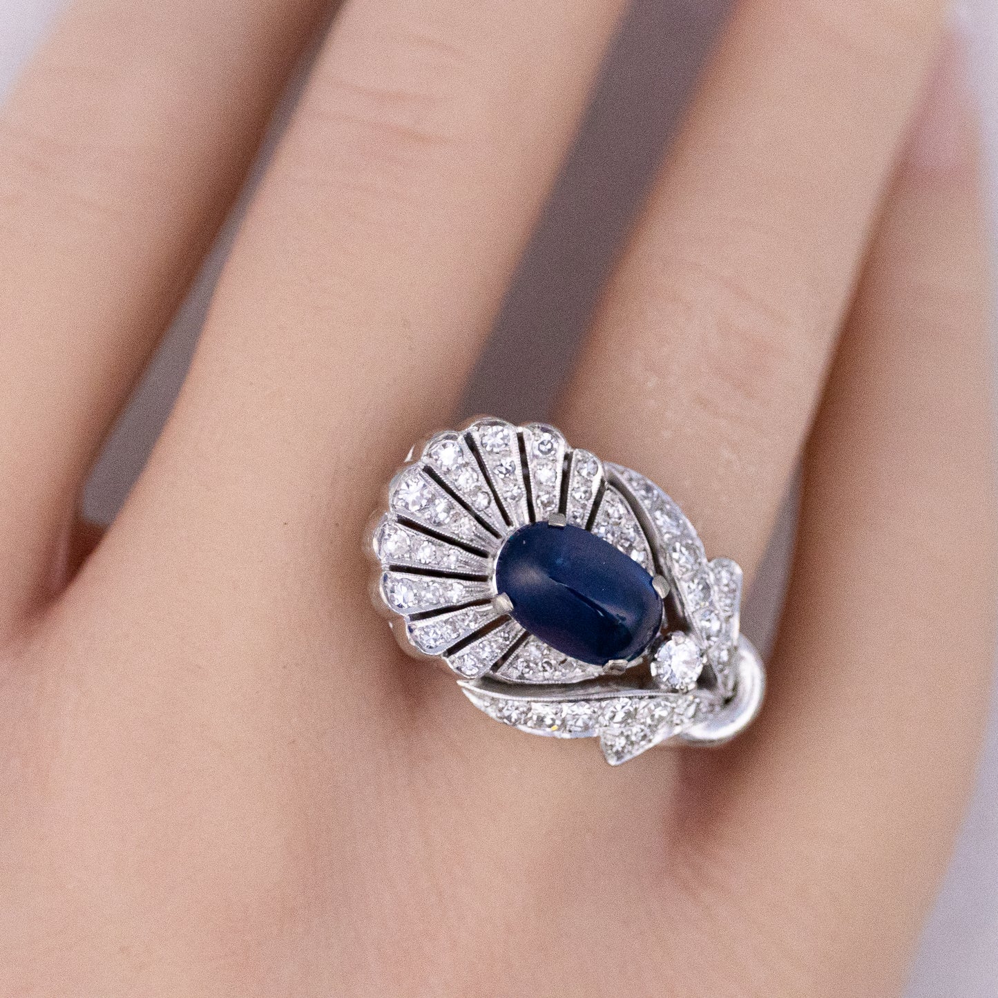 Platinum Cabochon Sapphire and Diamond Ring