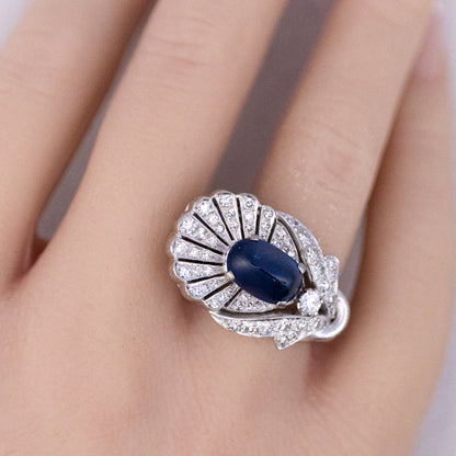 Platinum Cabochon Sapphire and Diamond Ring