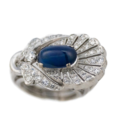 Platinum Cabochon Sapphire and Diamond Ring