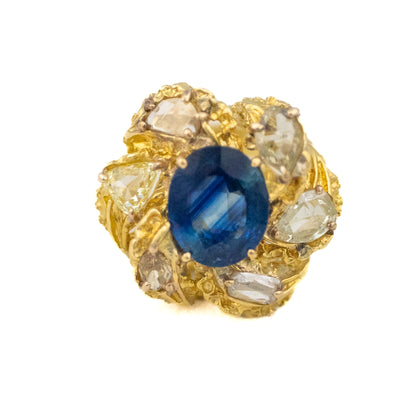 Rose Cut Diamond and Oval Cut Sapphire Flower Ring